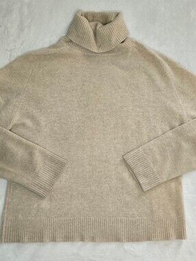 Valerie Seperates 100% Cashmere Lt Beige Ribbed Trim Turtleneck Sweater L